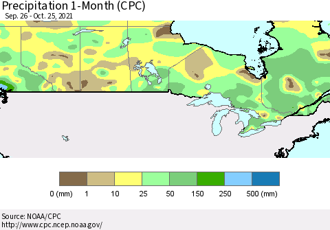 Canada Precipitation 1-Month (CPC) Thematic Map For 9/26/2021 - 10/25/2021