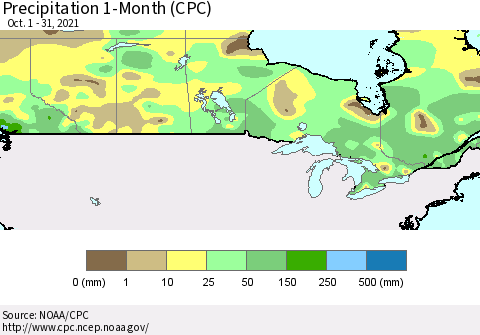 Canada Precipitation 1-Month (CPC) Thematic Map For 10/1/2021 - 10/31/2021