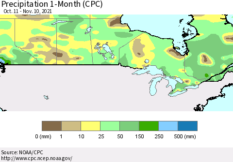 Canada Precipitation 1-Month (CPC) Thematic Map For 10/11/2021 - 11/10/2021