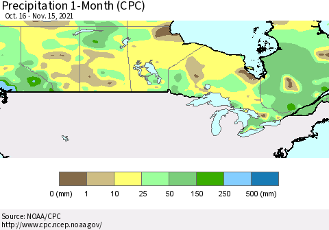 Canada Precipitation 1-Month (CPC) Thematic Map For 10/16/2021 - 11/15/2021