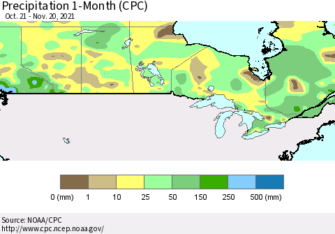 Canada Precipitation 1-Month (CPC) Thematic Map For 10/21/2021 - 11/20/2021