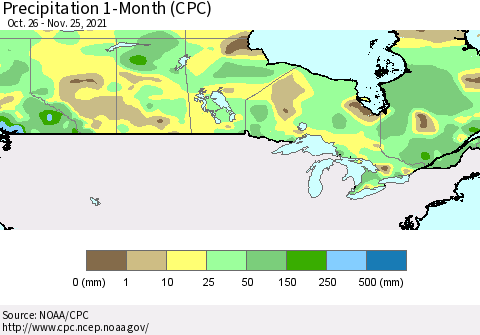 Canada Precipitation 1-Month (CPC) Thematic Map For 10/26/2021 - 11/25/2021