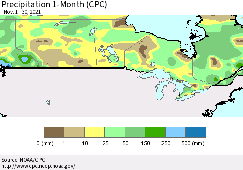 Canada Precipitation 1-Month (CPC) Thematic Map For 11/1/2021 - 11/30/2021