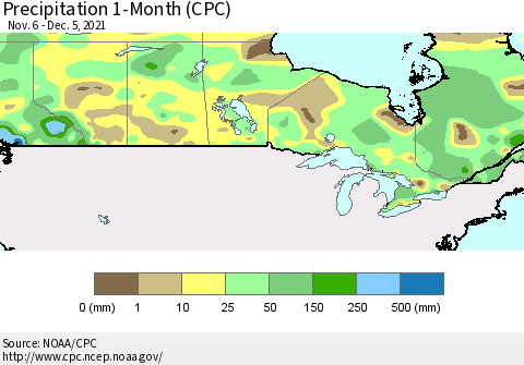 Canada Precipitation 1-Month (CPC) Thematic Map For 11/6/2021 - 12/5/2021