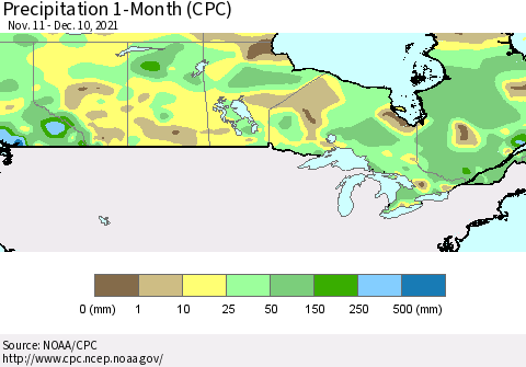 Canada Precipitation 1-Month (CPC) Thematic Map For 11/11/2021 - 12/10/2021