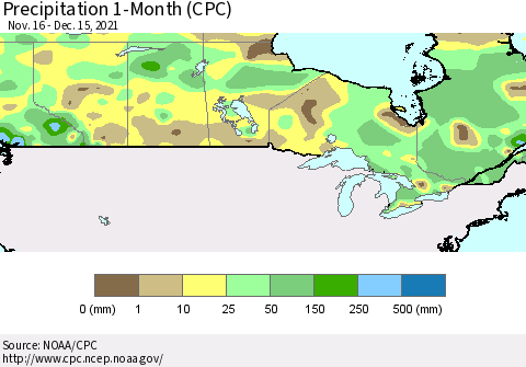 Canada Precipitation 1-Month (CPC) Thematic Map For 11/16/2021 - 12/15/2021