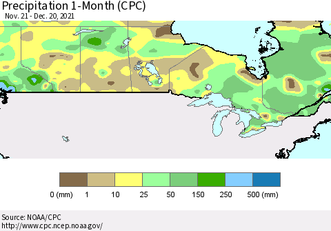 Canada Precipitation 1-Month (CPC) Thematic Map For 11/21/2021 - 12/20/2021