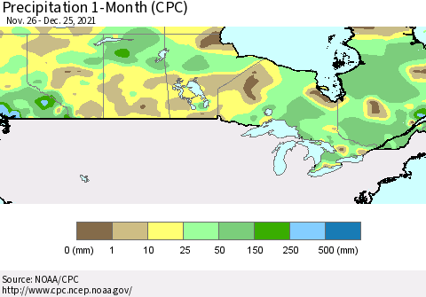 Canada Precipitation 1-Month (CPC) Thematic Map For 11/26/2021 - 12/25/2021