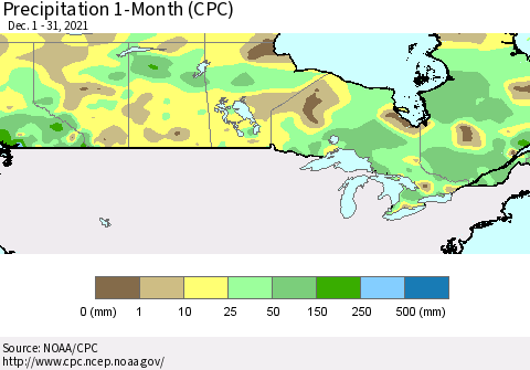 Canada Precipitation 1-Month (CPC) Thematic Map For 12/1/2021 - 12/31/2021