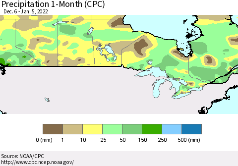 Canada Precipitation 1-Month (CPC) Thematic Map For 12/6/2021 - 1/5/2022