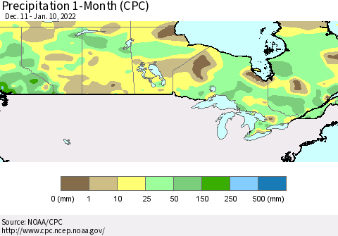 Canada Precipitation 1-Month (CPC) Thematic Map For 12/11/2021 - 1/10/2022