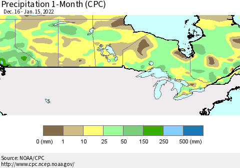 Canada Precipitation 1-Month (CPC) Thematic Map For 12/16/2021 - 1/15/2022