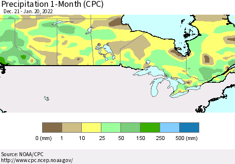 Canada Precipitation 1-Month (CPC) Thematic Map For 12/21/2021 - 1/20/2022