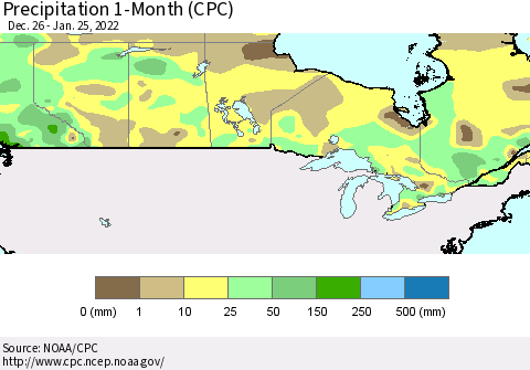 Canada Precipitation 1-Month (CPC) Thematic Map For 12/26/2021 - 1/25/2022