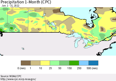 Canada Precipitation 1-Month (CPC) Thematic Map For 1/1/2022 - 1/31/2022