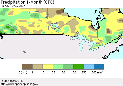 Canada Precipitation 1-Month (CPC) Thematic Map For 1/6/2022 - 2/5/2022