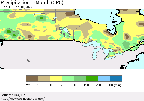 Canada Precipitation 1-Month (CPC) Thematic Map For 1/11/2022 - 2/10/2022