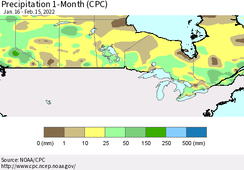 Canada Precipitation 1-Month (CPC) Thematic Map For 1/16/2022 - 2/15/2022