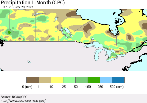 Canada Precipitation 1-Month (CPC) Thematic Map For 1/21/2022 - 2/20/2022