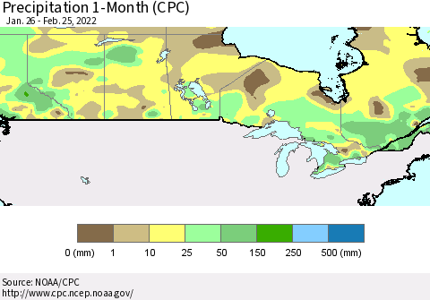 Canada Precipitation 1-Month (CPC) Thematic Map For 1/26/2022 - 2/25/2022