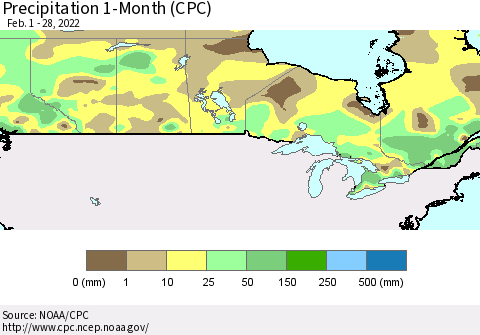 Canada Precipitation 1-Month (CPC) Thematic Map For 2/1/2022 - 2/28/2022