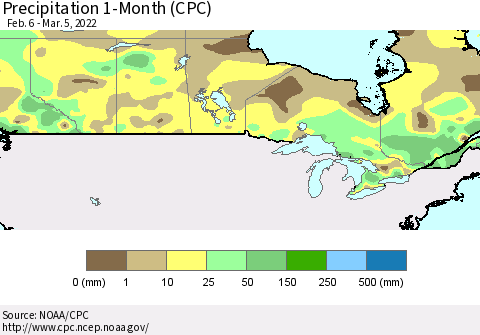 Canada Precipitation 1-Month (CPC) Thematic Map For 2/6/2022 - 3/5/2022