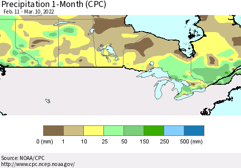 Canada Precipitation 1-Month (CPC) Thematic Map For 2/11/2022 - 3/10/2022