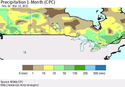 Canada Precipitation 1-Month (CPC) Thematic Map For 2/16/2022 - 3/15/2022