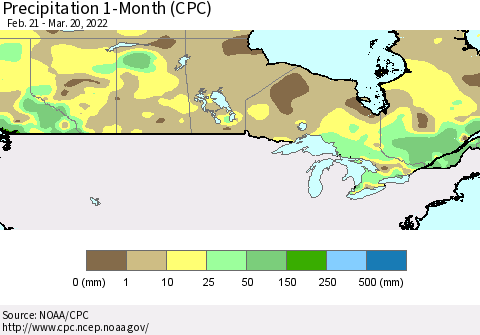 Canada Precipitation 1-Month (CPC) Thematic Map For 2/21/2022 - 3/20/2022