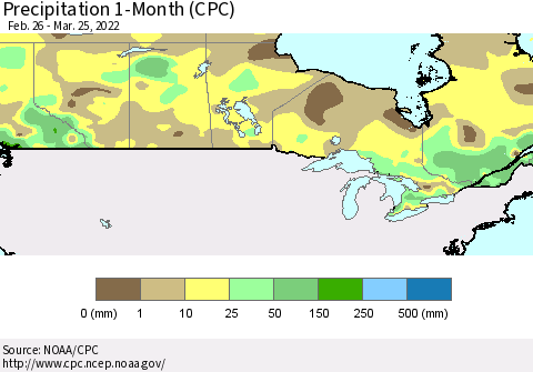 Canada Precipitation 1-Month (CPC) Thematic Map For 2/26/2022 - 3/25/2022