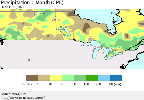 Canada Precipitation 1-Month (CPC) Thematic Map For 3/1/2022 - 3/31/2022