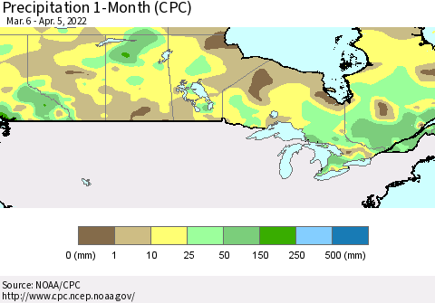 Canada Precipitation 1-Month (CPC) Thematic Map For 3/6/2022 - 4/5/2022