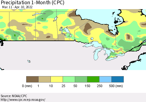 Canada Precipitation 1-Month (CPC) Thematic Map For 3/11/2022 - 4/10/2022