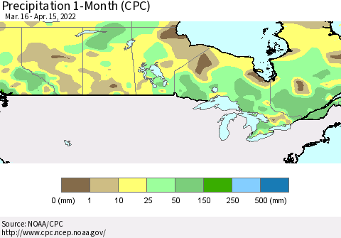 Canada Precipitation 1-Month (CPC) Thematic Map For 3/16/2022 - 4/15/2022