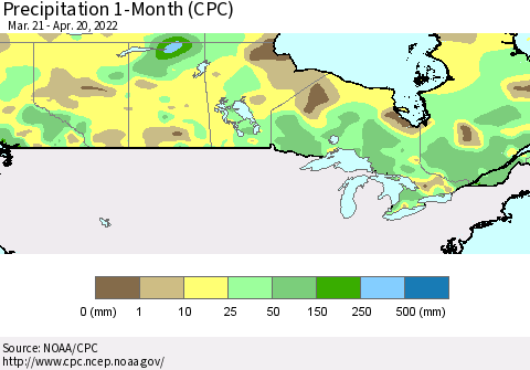 Canada Precipitation 1-Month (CPC) Thematic Map For 3/21/2022 - 4/20/2022