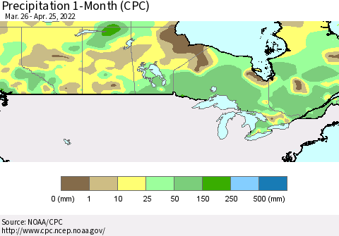 Canada Precipitation 1-Month (CPC) Thematic Map For 3/26/2022 - 4/25/2022