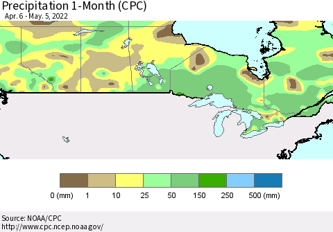 Canada Precipitation 1-Month (CPC) Thematic Map For 4/6/2022 - 5/5/2022