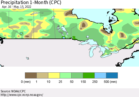 Canada Precipitation 1-Month (CPC) Thematic Map For 4/16/2022 - 5/15/2022