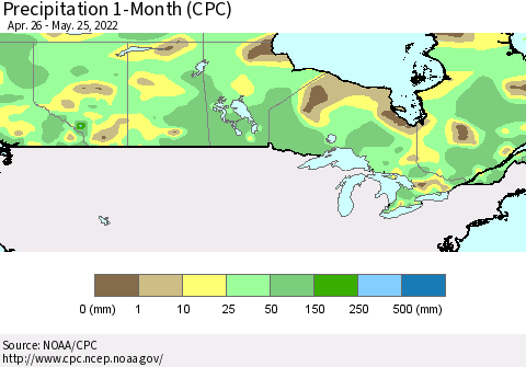 Canada Precipitation 1-Month (CPC) Thematic Map For 4/26/2022 - 5/25/2022