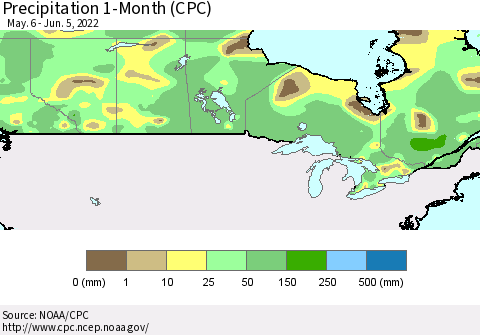 Canada Precipitation 1-Month (CPC) Thematic Map For 5/6/2022 - 6/5/2022