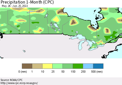 Canada Precipitation 1-Month (CPC) Thematic Map For 5/26/2022 - 6/25/2022