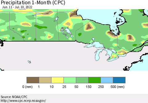 Canada Precipitation 1-Month (CPC) Thematic Map For 6/11/2022 - 7/10/2022