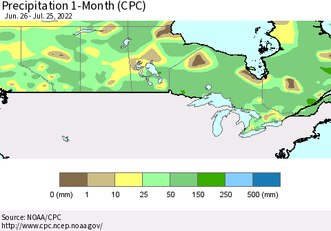 Canada Precipitation 1-Month (CPC) Thematic Map For 6/26/2022 - 7/25/2022