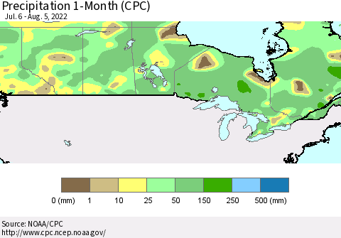Canada Precipitation 1-Month (CPC) Thematic Map For 7/6/2022 - 8/5/2022