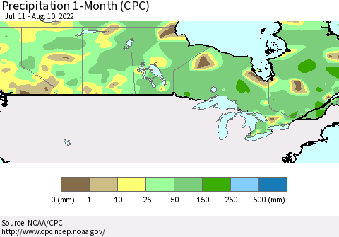 Canada Precipitation 1-Month (CPC) Thematic Map For 7/11/2022 - 8/10/2022