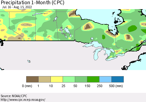 Canada Precipitation 1-Month (CPC) Thematic Map For 7/16/2022 - 8/15/2022