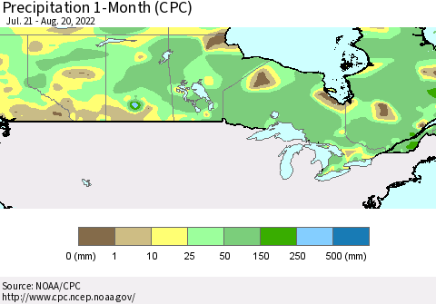 Canada Precipitation 1-Month (CPC) Thematic Map For 7/21/2022 - 8/20/2022