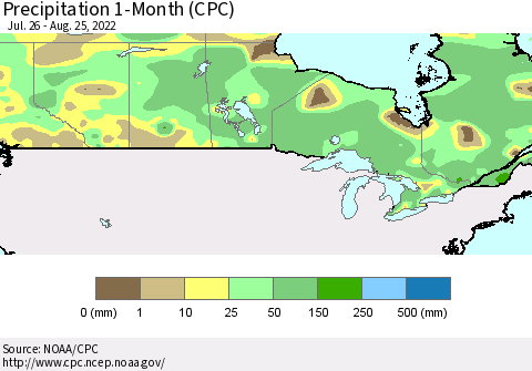 Canada Precipitation 1-Month (CPC) Thematic Map For 7/26/2022 - 8/25/2022