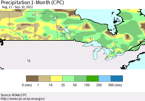 Canada Precipitation 1-Month (CPC) Thematic Map For 8/11/2022 - 9/10/2022
