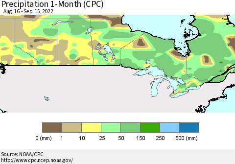 Canada Precipitation 1-Month (CPC) Thematic Map For 8/16/2022 - 9/15/2022